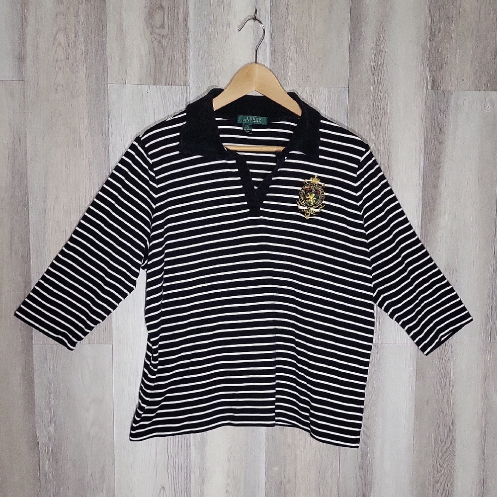 Lauren RL Womens Striped Polo Embroidered Crest‎ Black White Collared Polo Rugby